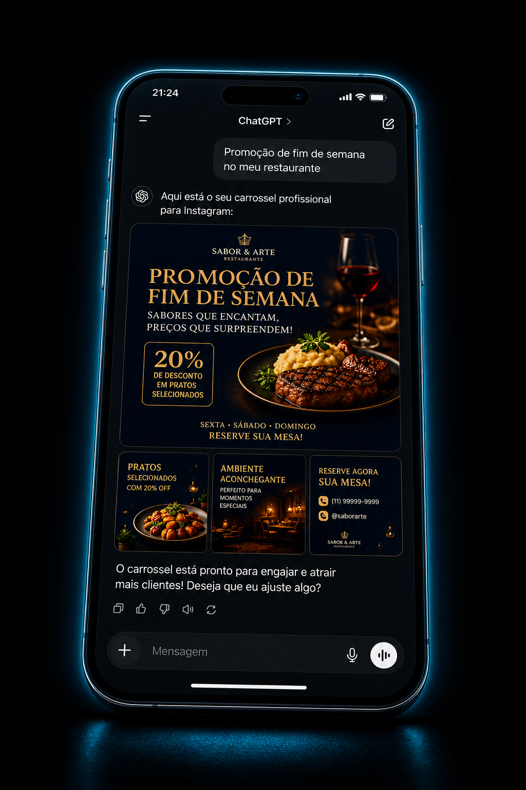 ChatGPT gerando um carrossel profissional de restaurante a partir de um pedido simples